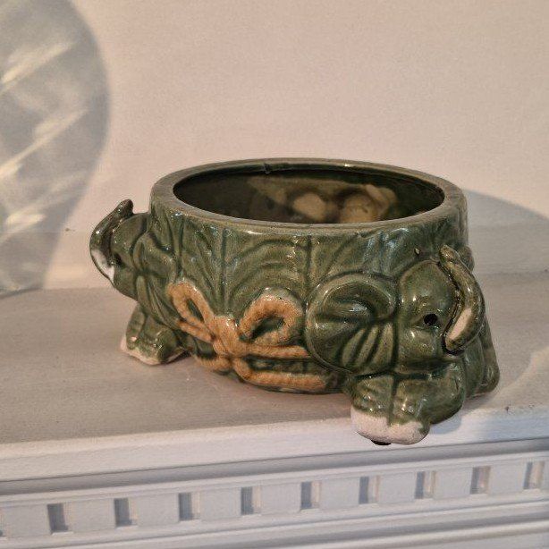 Vintage Ceramic Elephant Planter - Green with Rope Detail, Small Decorative Pot
