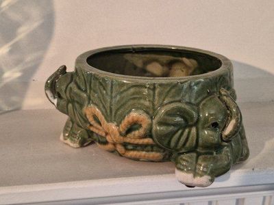 Vintage Ceramic Elephant Planter - Green with Rope Detail, Small Decorative Pot