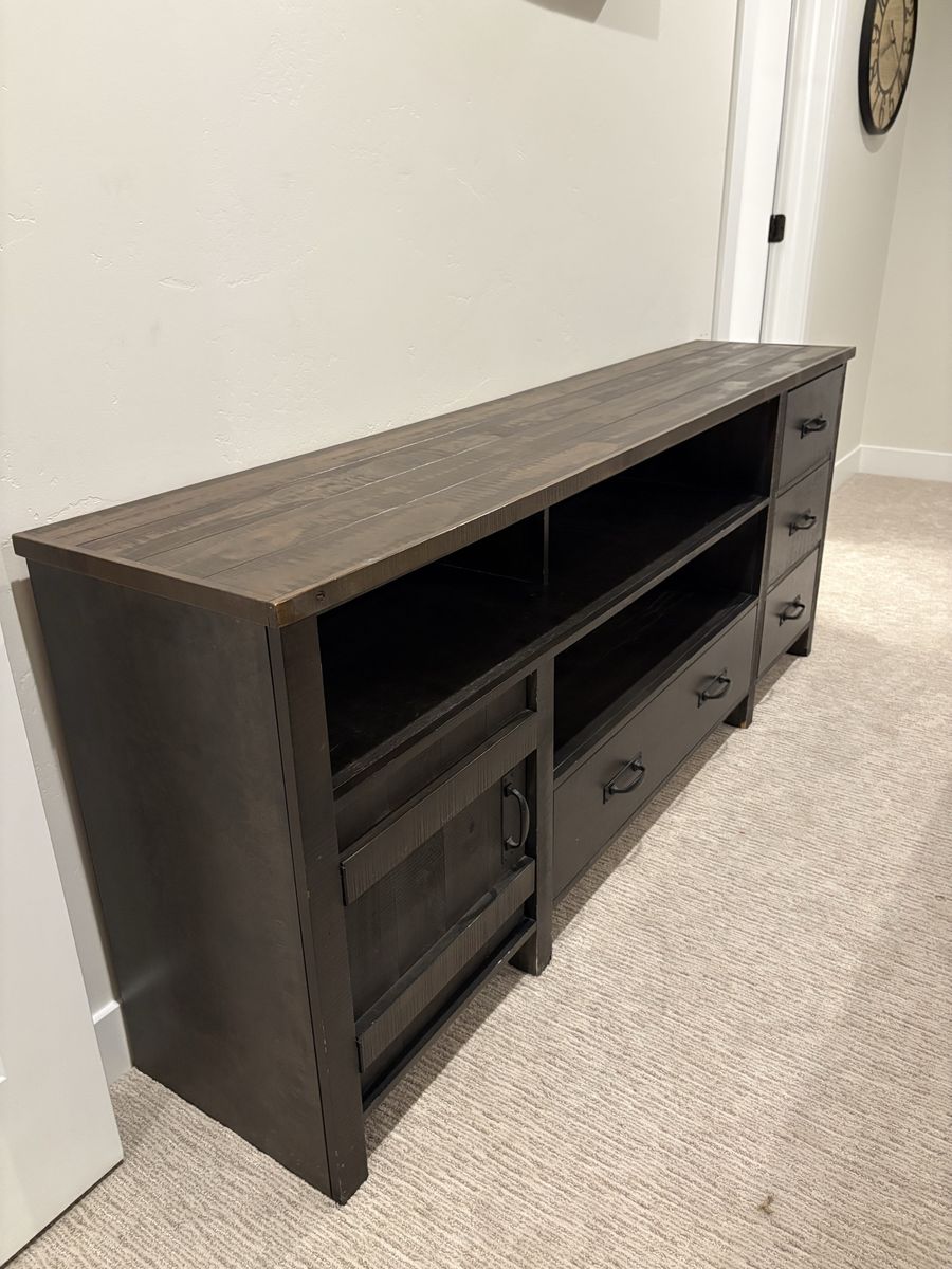 Rustic Industrial Wood Media Console - Dark Brown, 80"W, Drawers & Shelves
