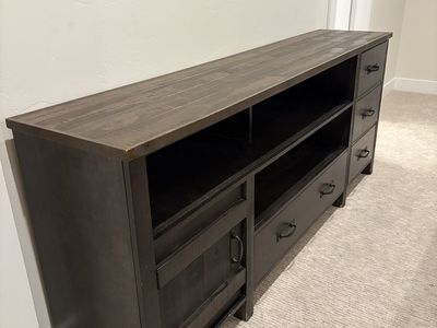 Rustic Industrial Wood Media Console - Dark Brown, 80"W, Drawers & Shelves