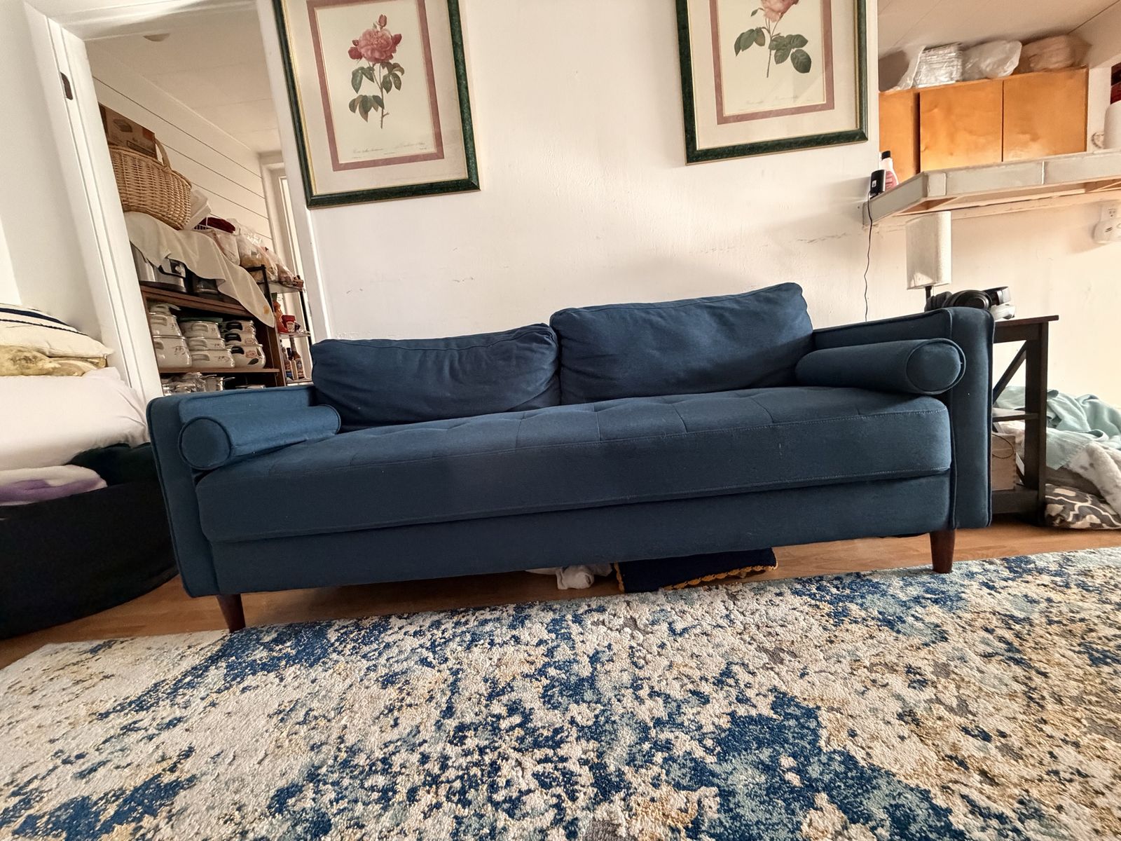 Modern Blue Fabric Sofa - Tufted Seat, Wood Legs, Removable Bolster Pillows