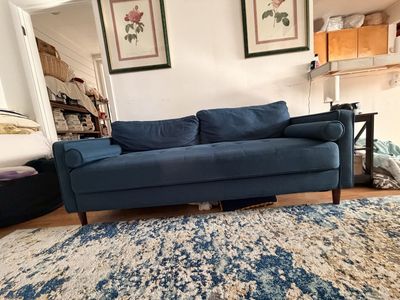 Modern Blue Fabric Sofa - Tufted Seat, Wood Legs, Removable Bolster Pillows