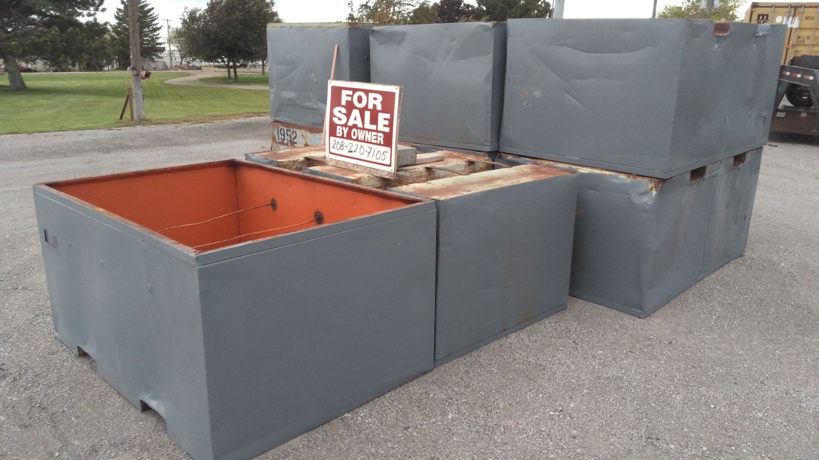 metal seed bins, bean, scrap metal, tote, storage, forklift.