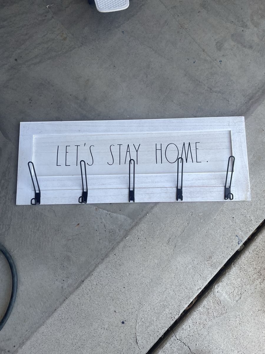 Rae Dunn Let's Stay Home White Wooden Wall Hook Rack