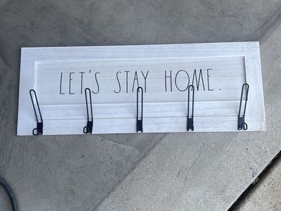 Rae Dunn Let's Stay Home White Wooden Wall Hook Rack