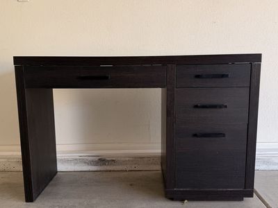 Dark Brown Wood Grain Desk/Vanity with 4 Drawers - Sturdy & Smooth Gliding