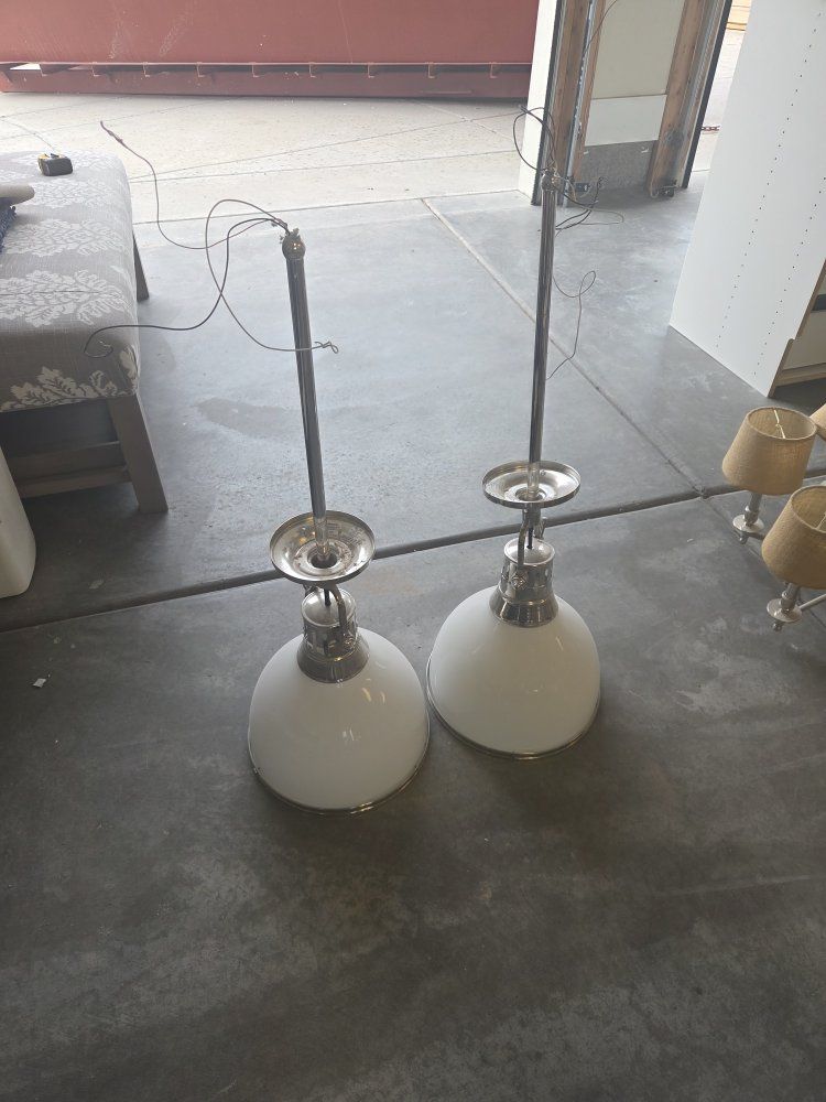 2 Vintage White Glass & Chrome Pendant Lights - Mid-Century Modern Lighting Fixtures
