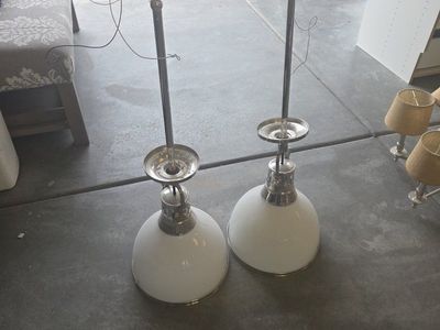 2 Vintage White Glass & Chrome Pendant Lights - Mid-Century Modern Lighting Fixtures