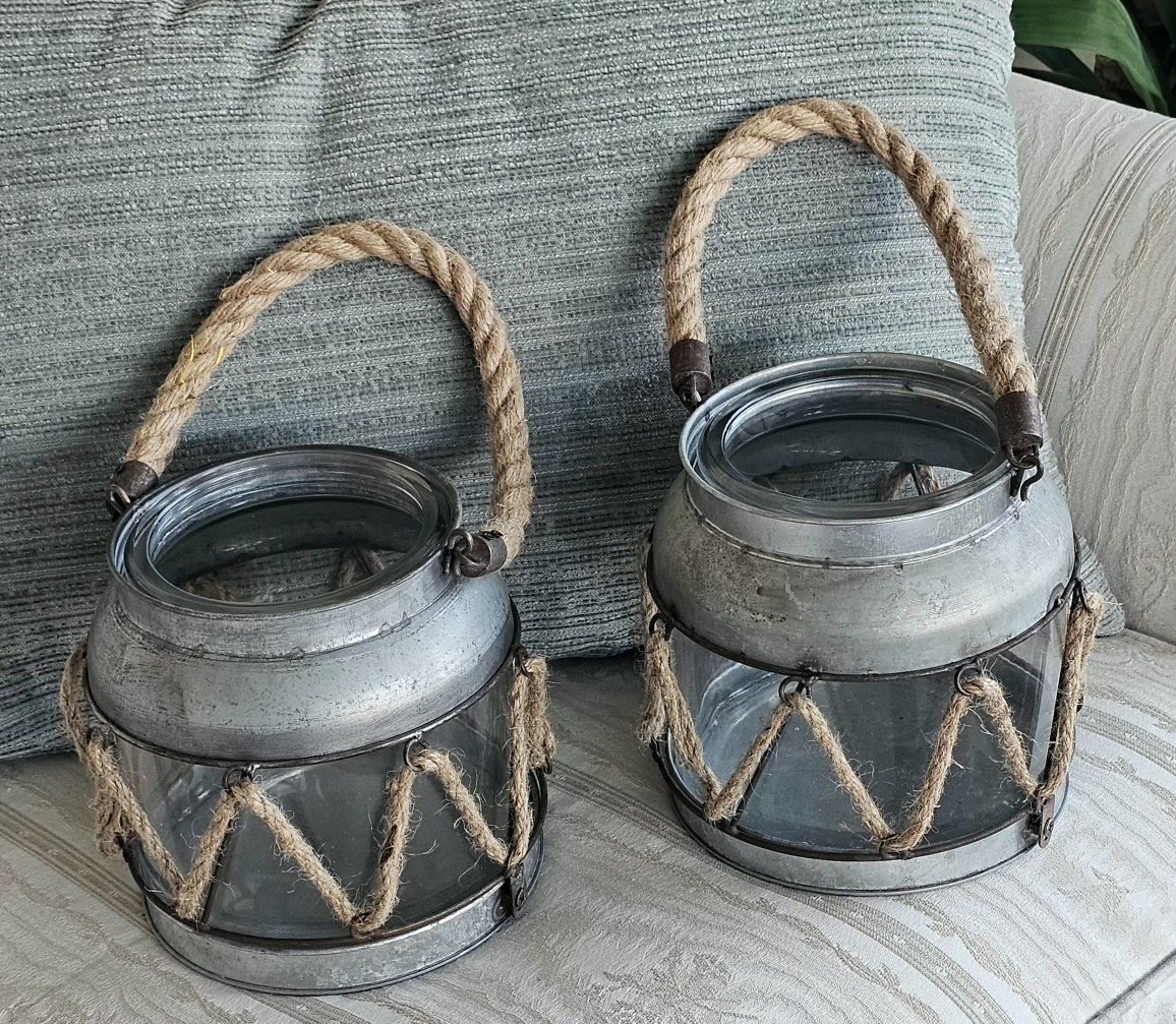 Candle Holders Galvanized Metal with Rope Handle