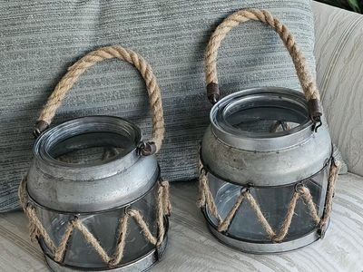 Candle Holders Galvanized Metal with Rope Handle