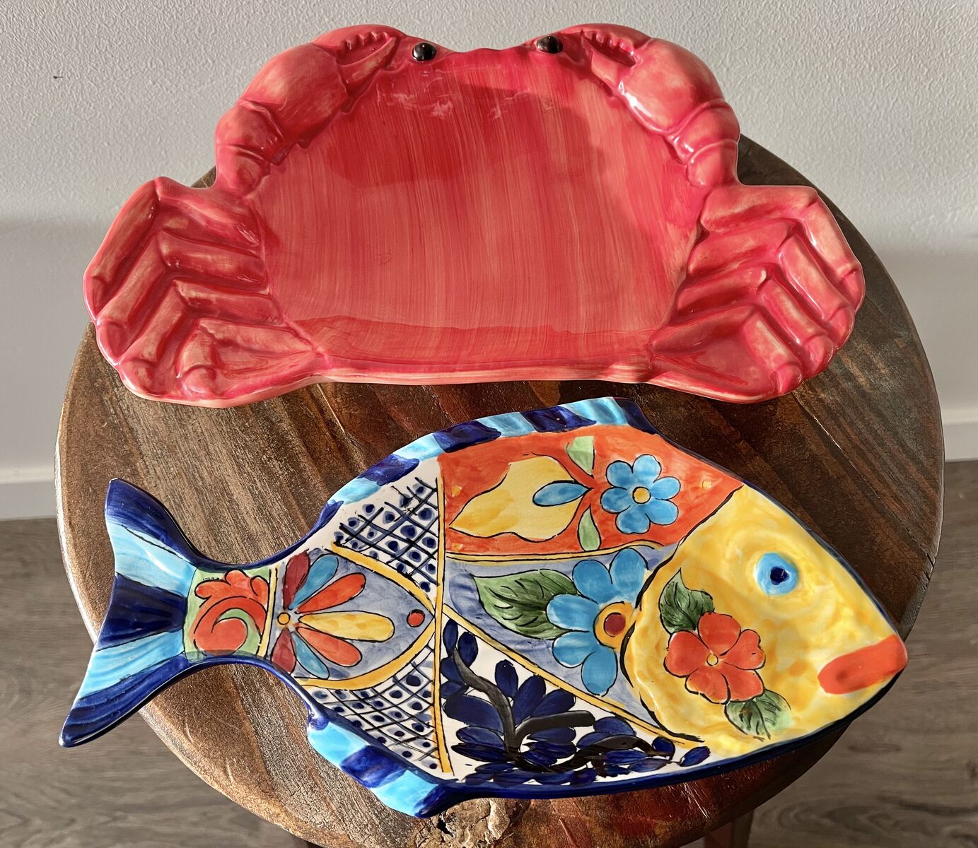 2 Summer Kitchen Serving Dishes/ Spoon Rests- 1 coral Crab & 1 Capri Fish- mint condition! $10 for both