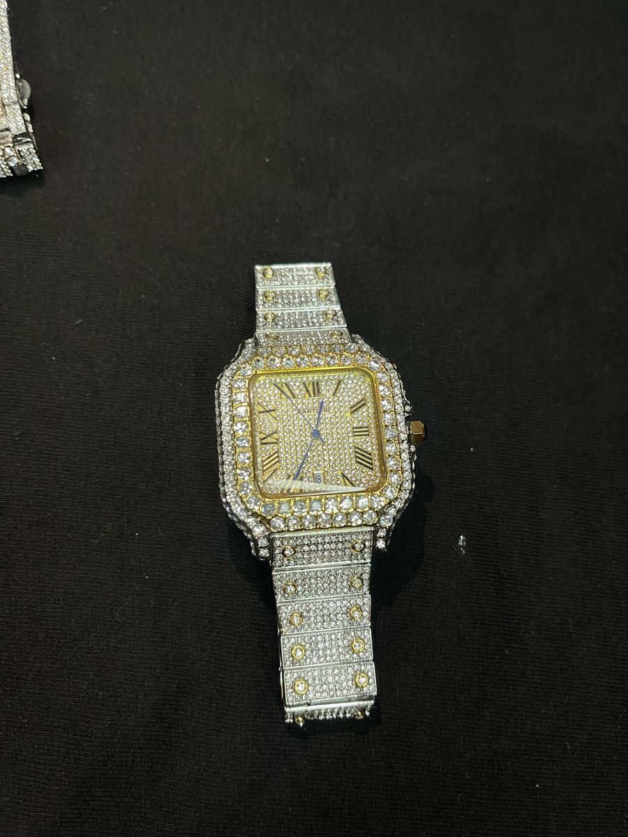 Iced Out Bling Square Face Watch - Gold Tone & Silver Tone, Roman Numerals, Date Display