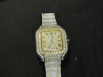 Iced Out Bling Square Face Watch - Gold Tone & Silver Tone, Roman Numerals, Date Display