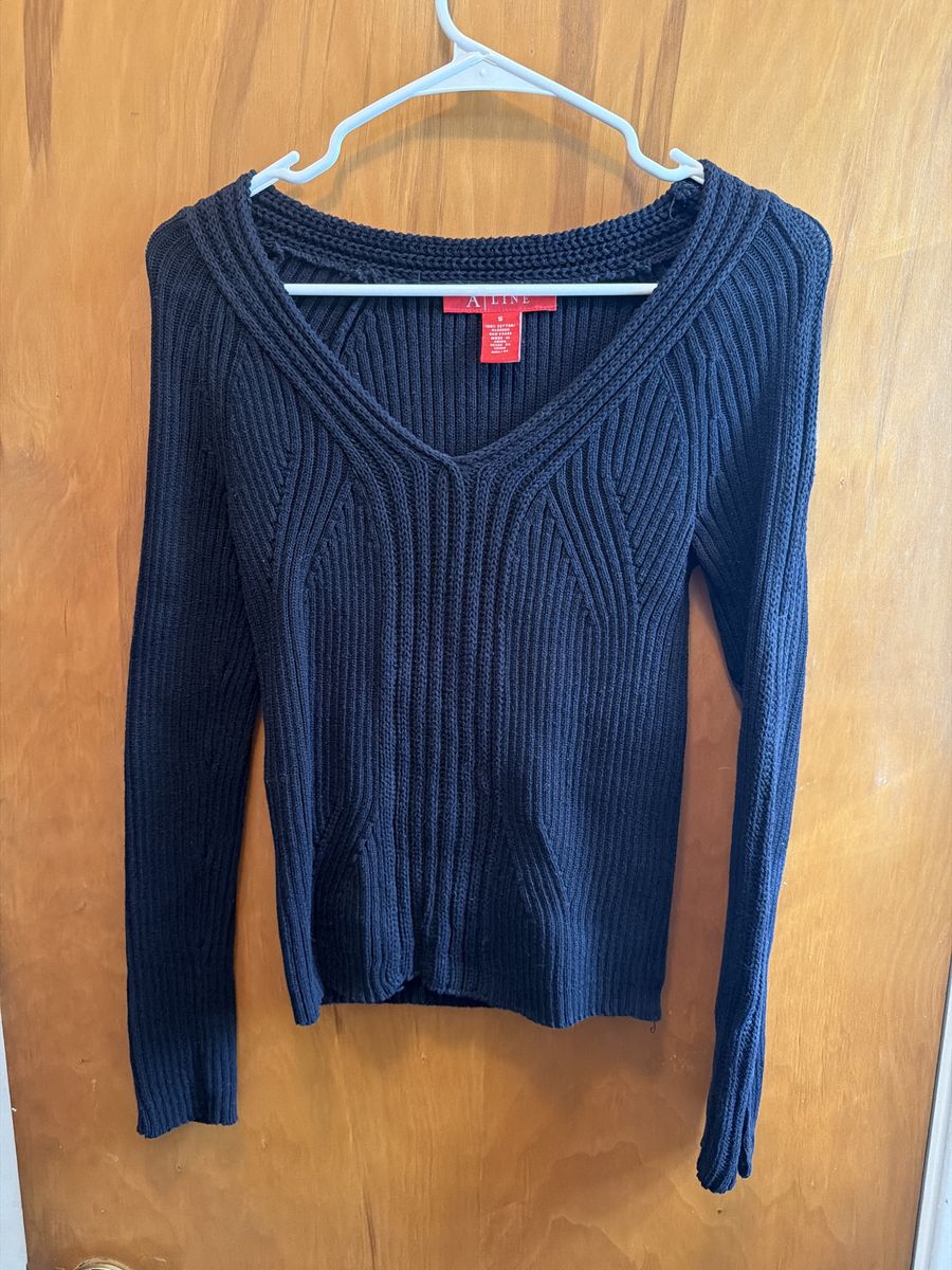 A.P.L. Line Women's Black Ribbed V-Neck Long Sleeve Sweater, Size Small, Cotton