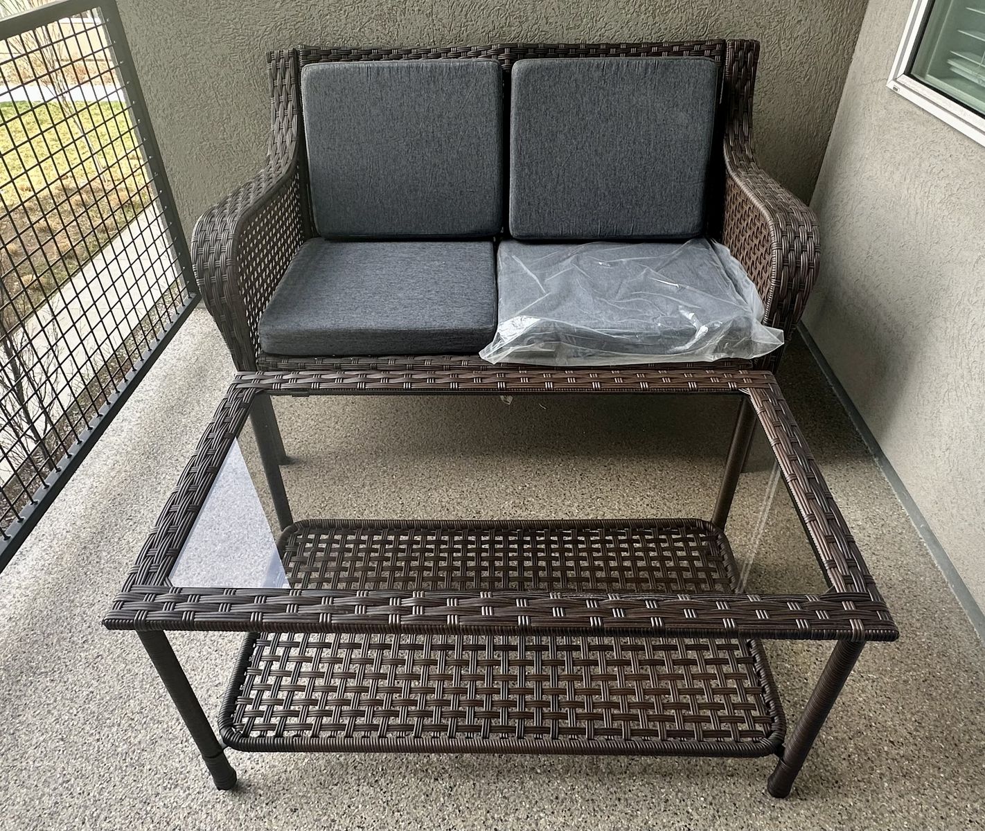 New Wicker Patio Loveseat w/ Table & Cushions