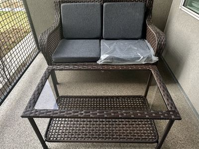 New Wicker Patio Loveseat w/ Table & Cushions
