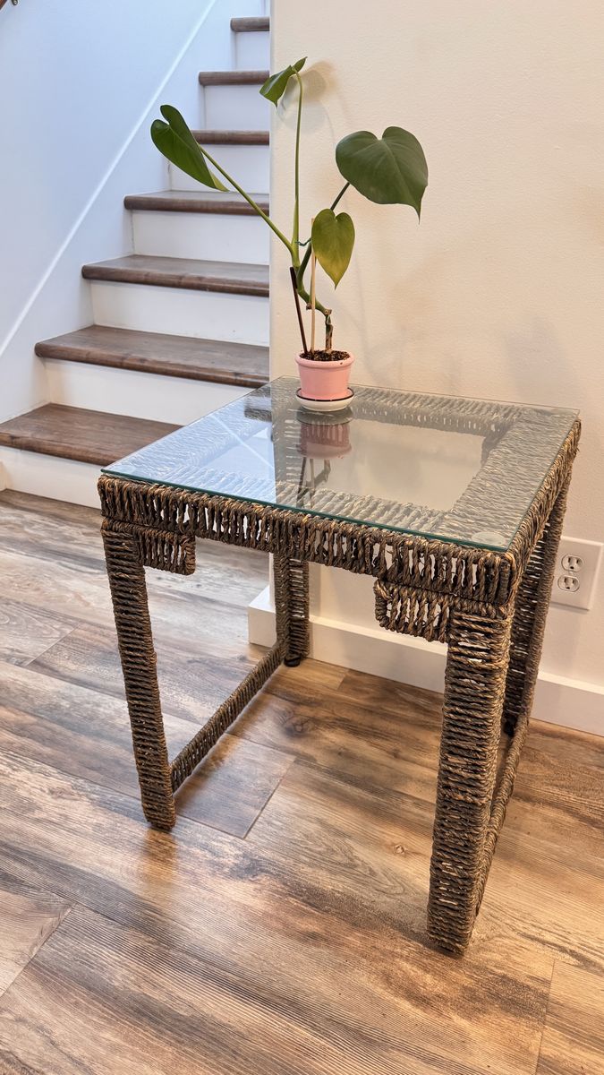 Rustic Wicker/Rattan End/Side Table With Glass Top