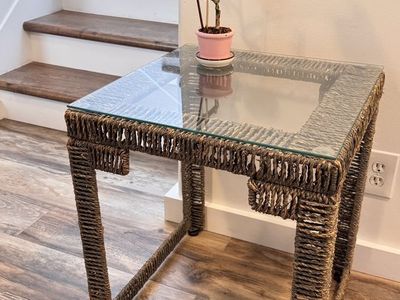 Rustic Wicker/Rattan End/Side Table With Glass Top