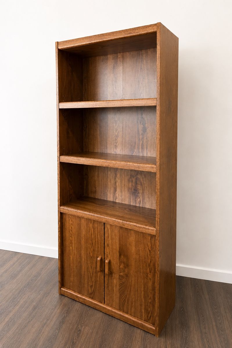 Tall Wooden Bookcase with Lower Two-Door Storage Cabinet