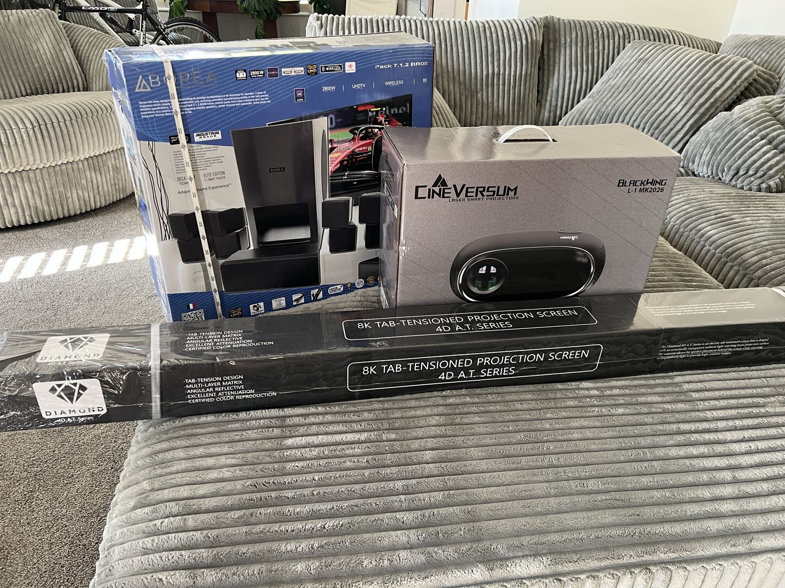 Projector, Screen and Surround Sound Speakers NEW