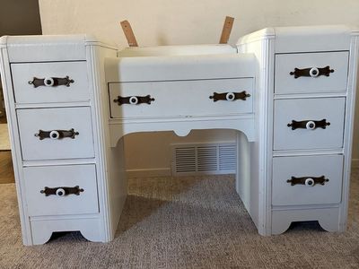 Vintage White Wood Vanity Desk w/ 7 Drawers & Unique Hardware - Classic Design