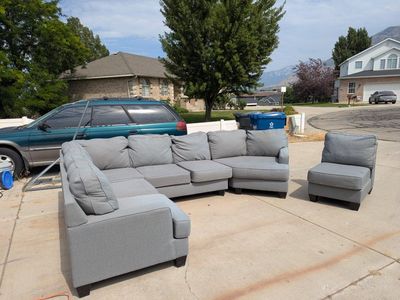 Light Gray Fabric Sectional Sofa Couch with Chaise - 8' x 13' + 2'
