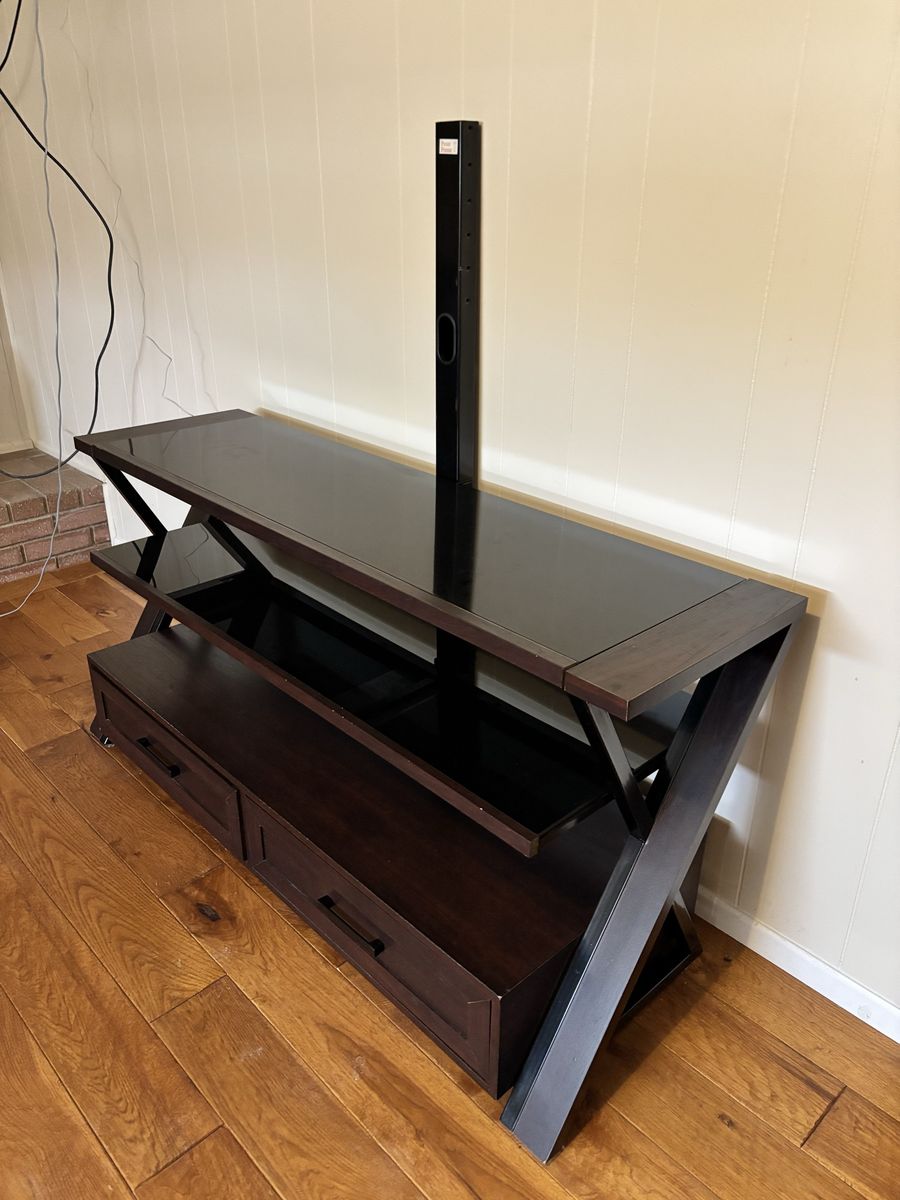 Dark Wood and Glass TV Stand with Mount and Storage Drawers