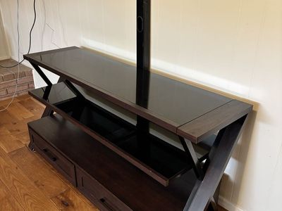 Dark Wood and Glass TV Stand with Mount and Storage Drawers