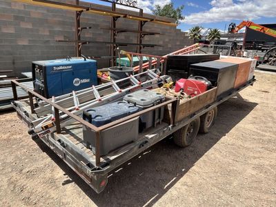 2017 Big Tex 20’ Flatbed Trailer with Welder, Fuel Tanks, Tools, and Boxes