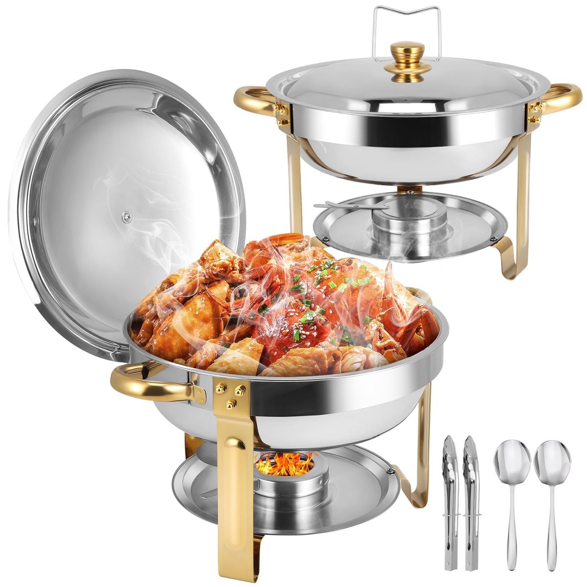 2 Pack Round Stainless Steel Chafing Dishes Set Gold Accent Buffet Warmers brand new