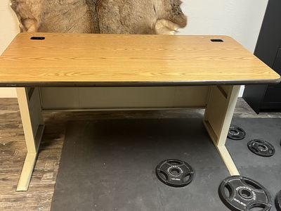 Spacious Wood Grain Office Desk with Cream Metal Legs
