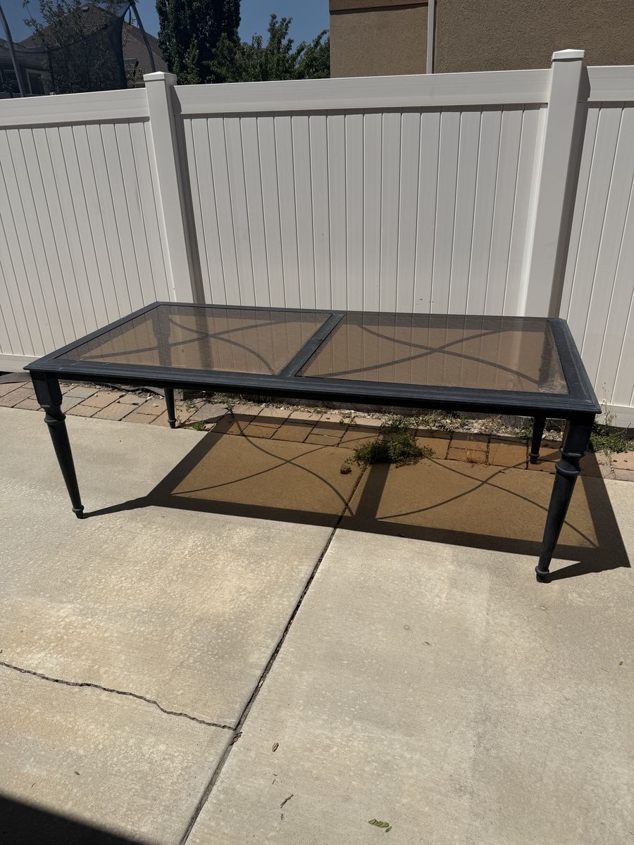 Black Metal Outdoor Patio Table with Tinted Glass Top
