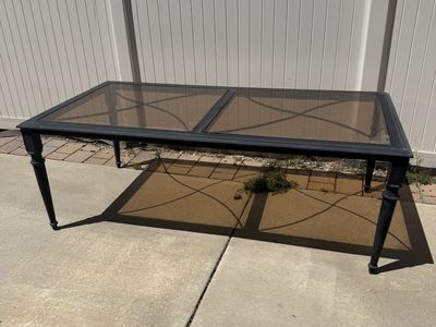Black Metal Outdoor Patio Table with Tinted Glass Top