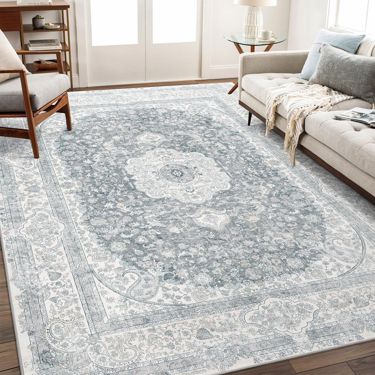 NEW 8x10 Grey Boho Vintage Bohemian Distressed Carpet Non Slip, Floral