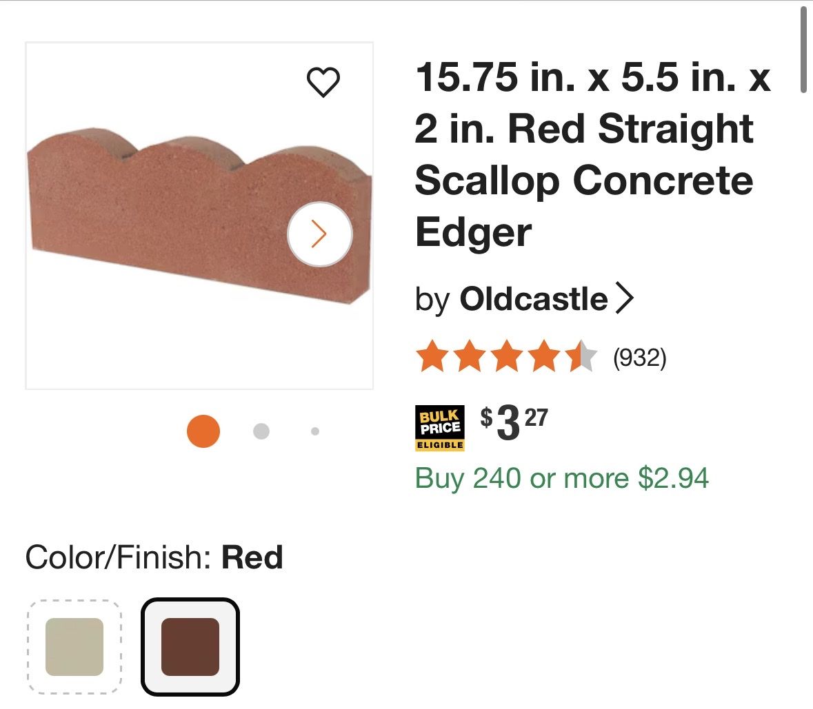Oldcastle Red Straight Scallop Concrete Edger - 36 Pieces, 15.75x5.5x2 inch