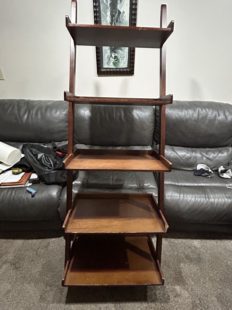 5-Tier Dark Wood Leaning Ladder Shelf Bookshelf