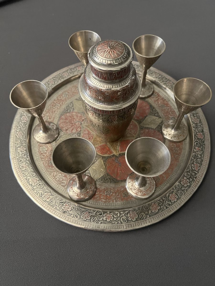 Vintage Hand-Etched Indian Brass & Copper Drink Set with Tray, Goblets, & Pitcher