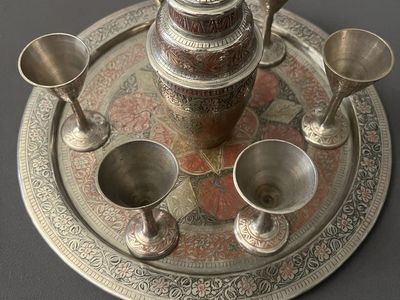 Vintage Hand-Etched Indian Brass & Copper Drink Set with Tray, Goblets, & Pitcher