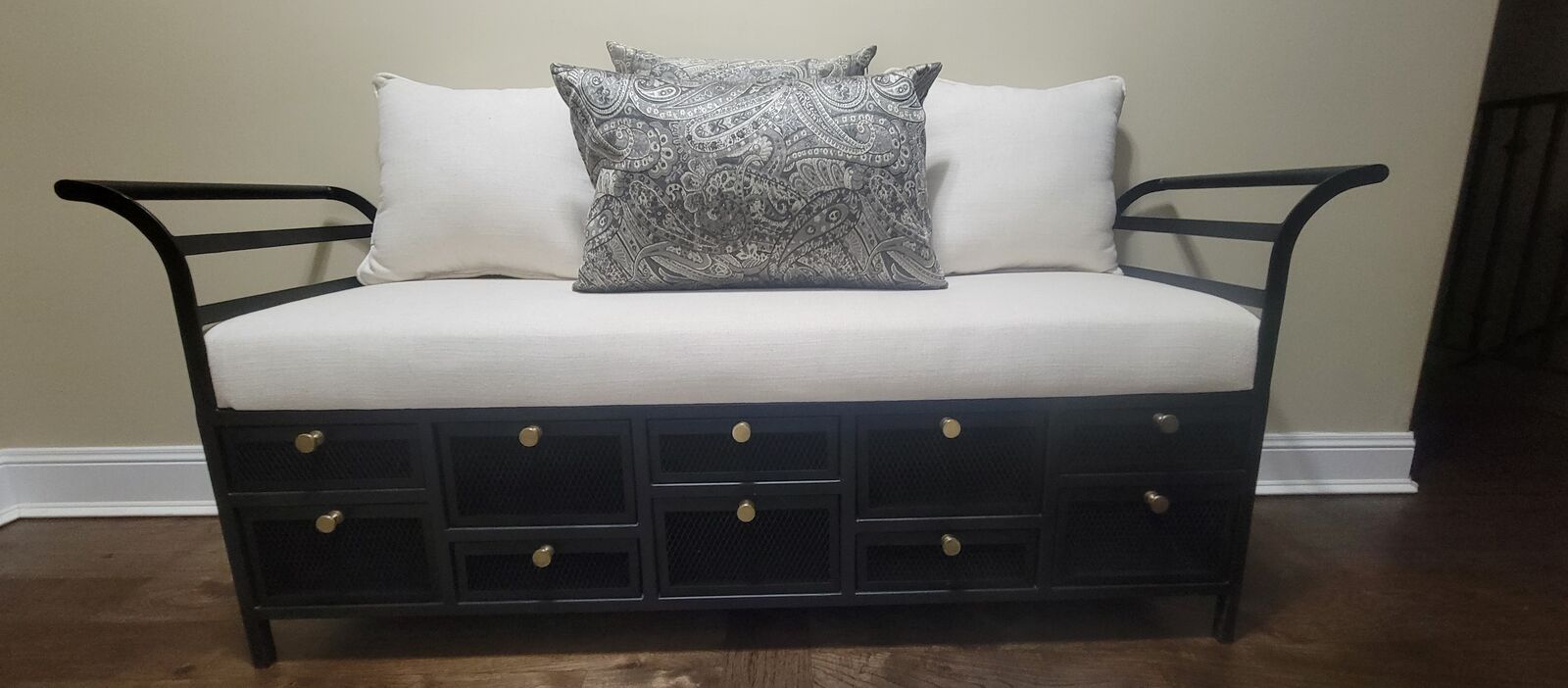 Padded bench seat with drawers
