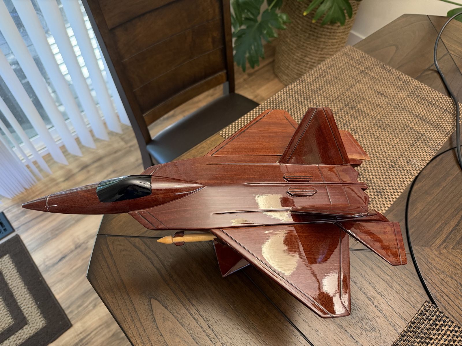 Handcrafted Wooden F-22 Raptor Fighter Jet Display Model - Gloss Finish with Stand