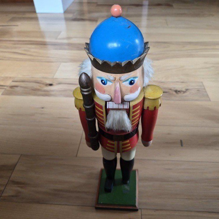 Vintage Wooden Nutcracker Soldier with Blue Hat and Staff