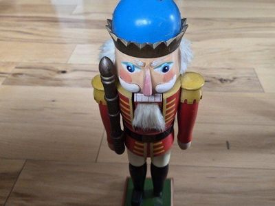 Vintage Wooden Nutcracker Soldier with Blue Hat and Staff