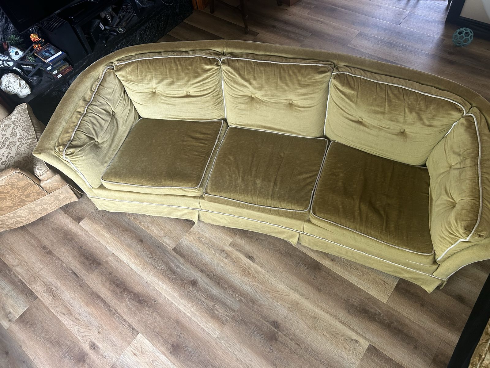 Vintage Mid-Century Modern Green Velvet Three-Seat Sofa Couch with White Piping