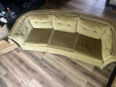 Vintage Mid-Century Modern Green Velvet Three-Seat Sofa Couch with White Piping