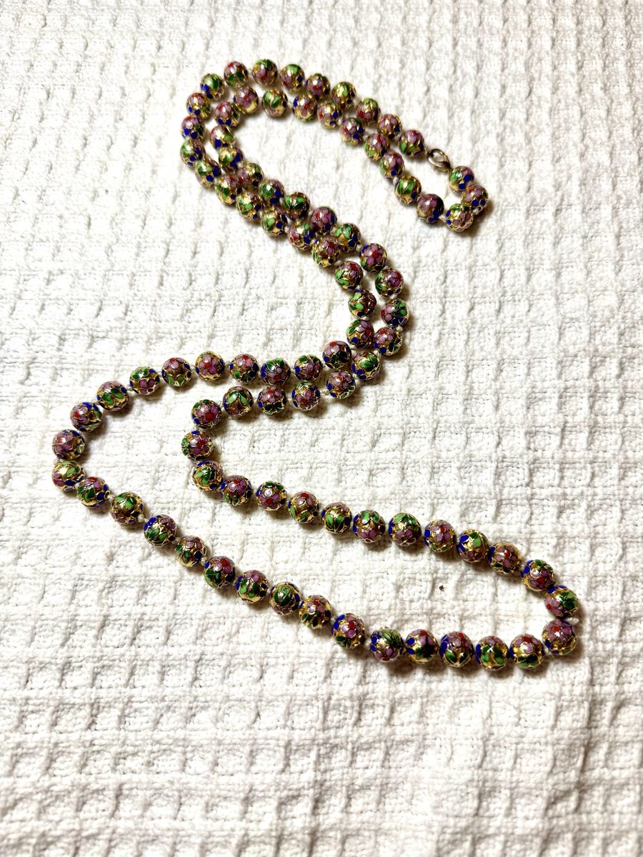 Vintage Cloisonné Enamel Bead Necklace Long Strand Floral Multicolor Gold Tone 42”