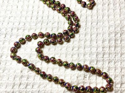 Vintage Cloisonné Enamel Bead Necklace Long Strand Floral Multicolor Gold Tone 42”