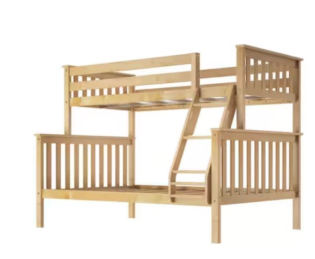 Natural Wood Twin-Over-Full Bunk Bed Frame with Ladder - New, Box Damaged