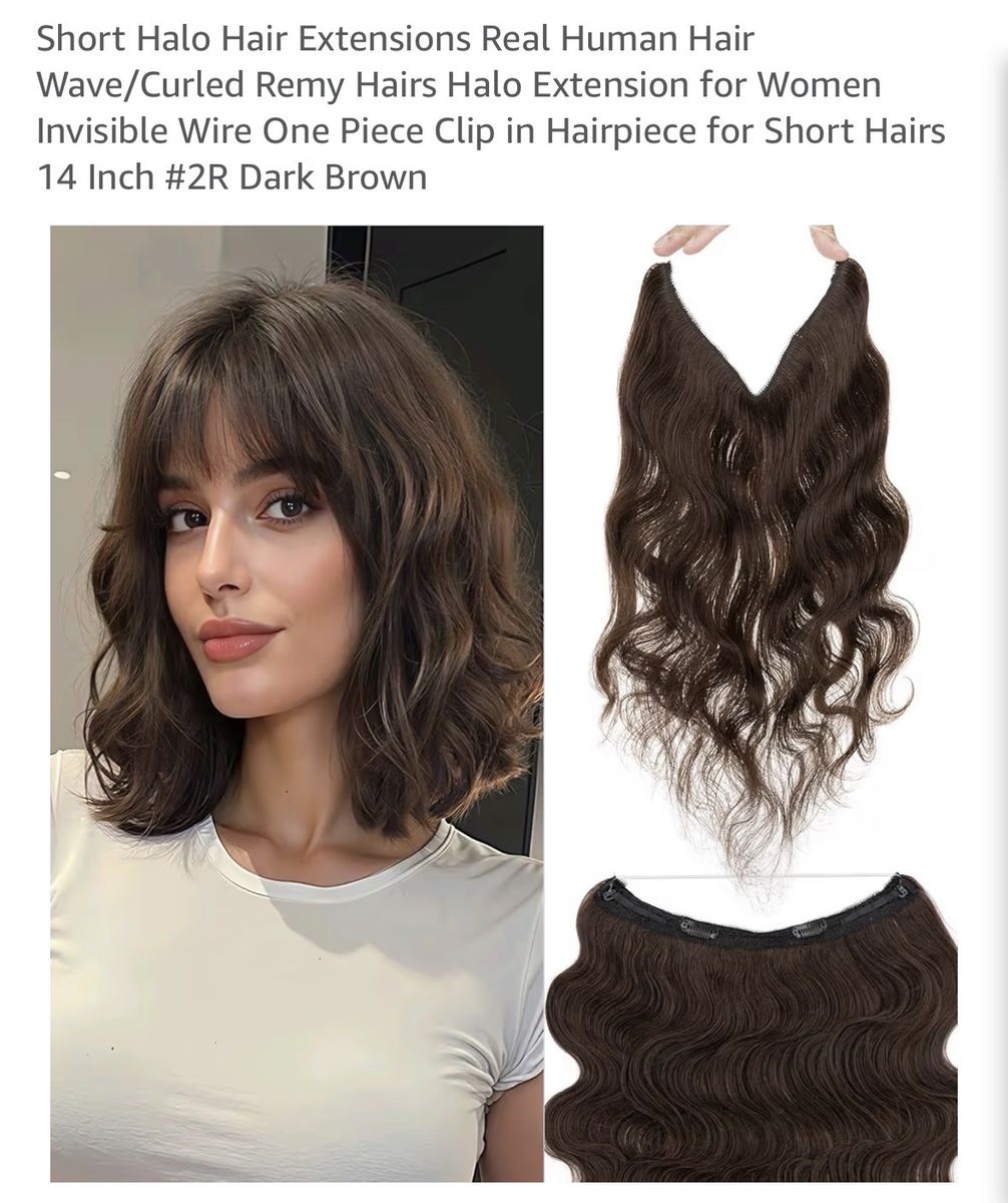 14-inch Dark Brown Wavy Halo Hair Extension, 100% Remy Human Hair, Invisible Wire One Piece