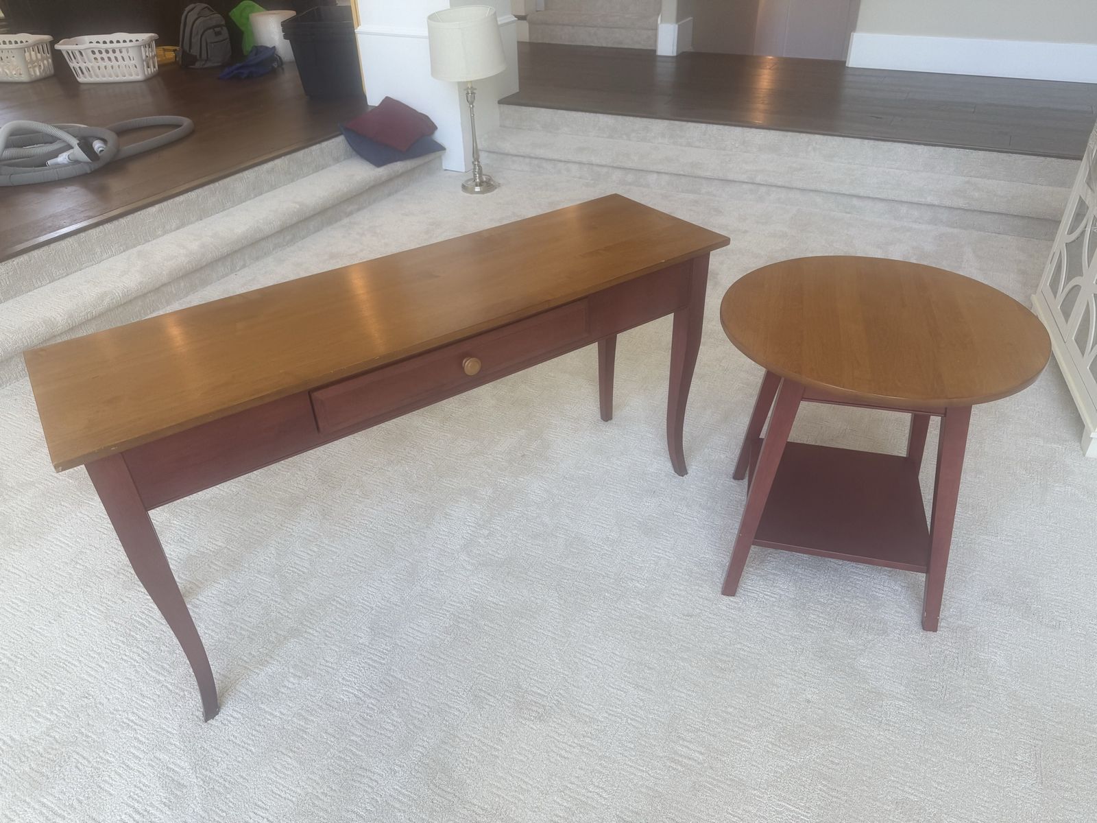 Ethan Allen Console Table & End Table Set - Rustic Red Base with Natural Wood Top