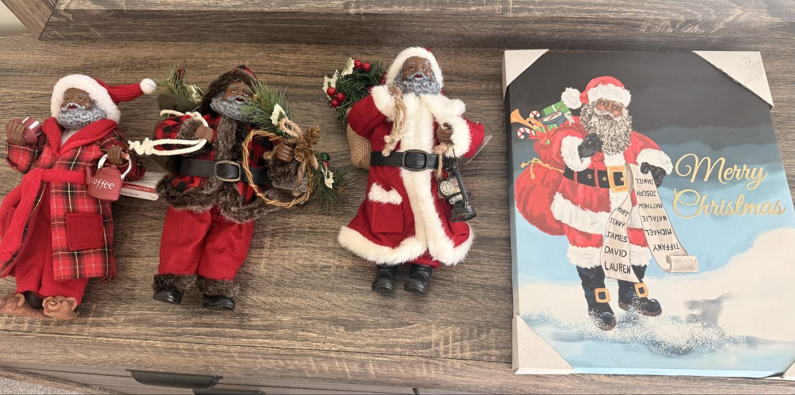 African American Santa Christmas Decor Lot - 3 Figures & 1 Wall Art - Festive Holiday Display